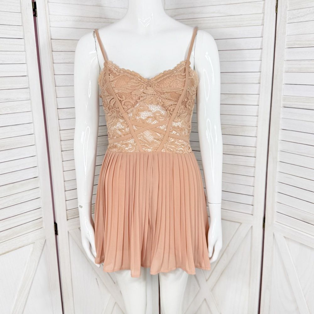Privy Corset Lace Top Romper Pleated Chiffon Shorts Playsuit Blush Nude Medium